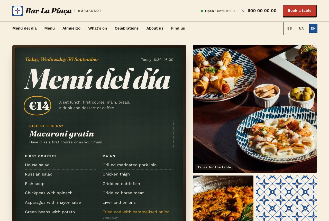 Bar home page: the menu of the day on a chalkboard next to photos of tapas and paella