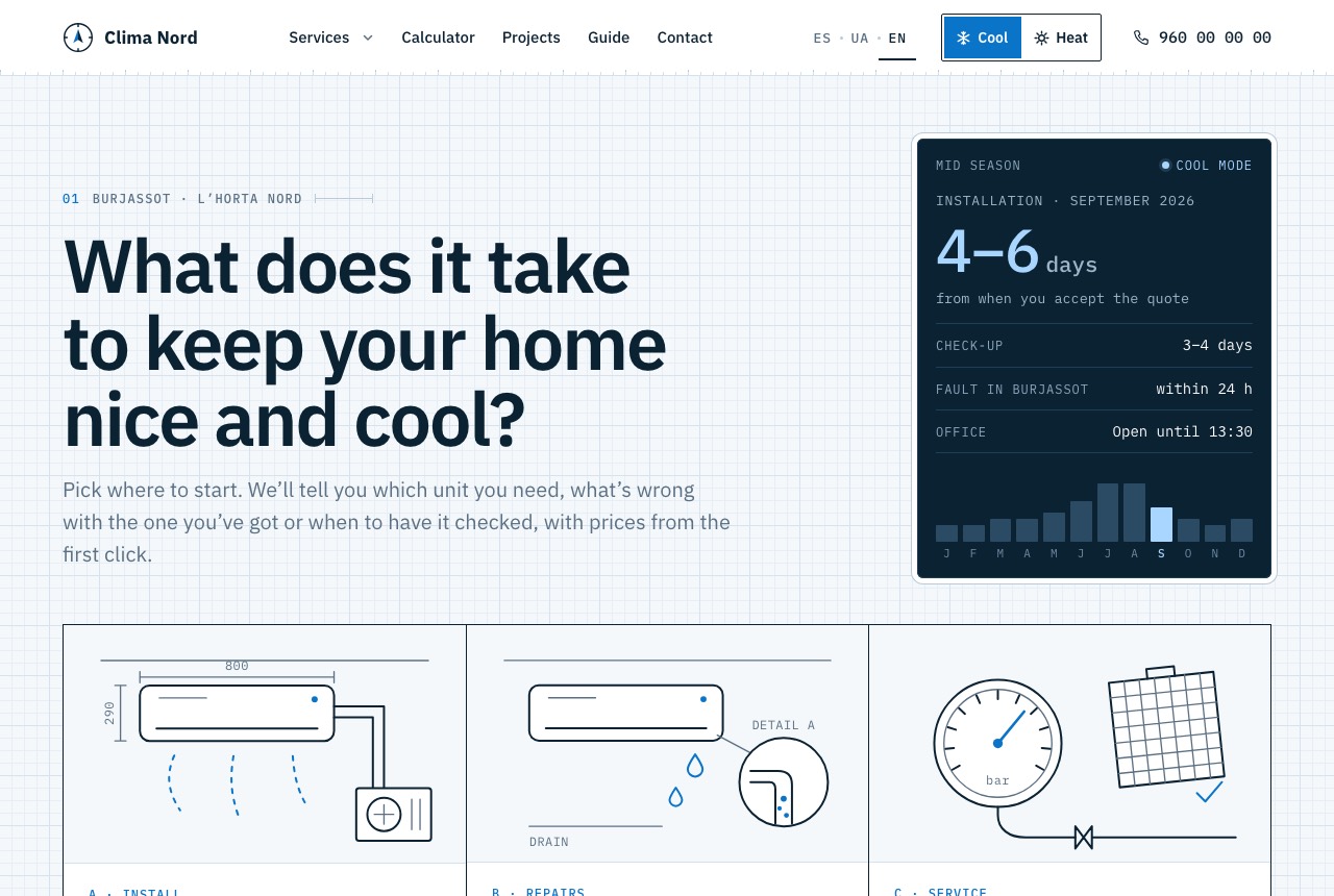 Air conditioning home page: three options drawn like a blueprint and the season panel