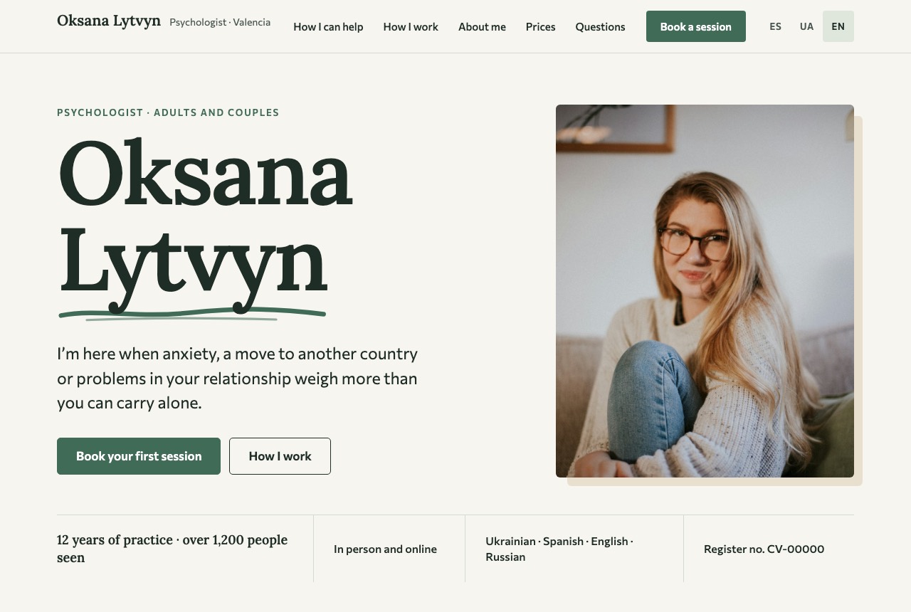 Psychologist’s website: her name in large type, her photo and the topics she helps with