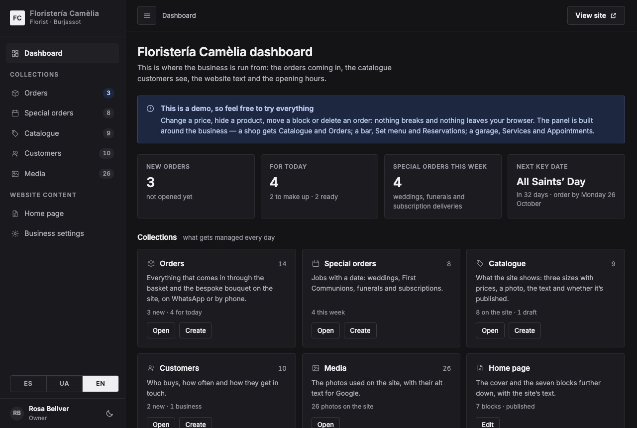 Admin panel showing the business's orders and catalogue