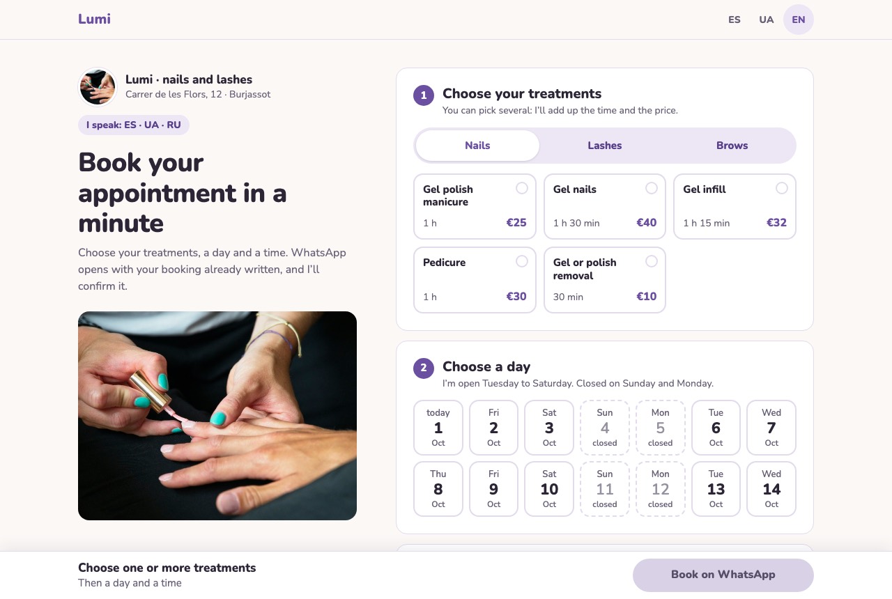 Booking site: services, days and times like in an app