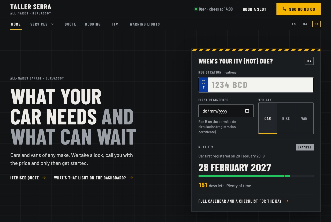 Garage home page: a number plate field to work out the ITV date, on a dark background