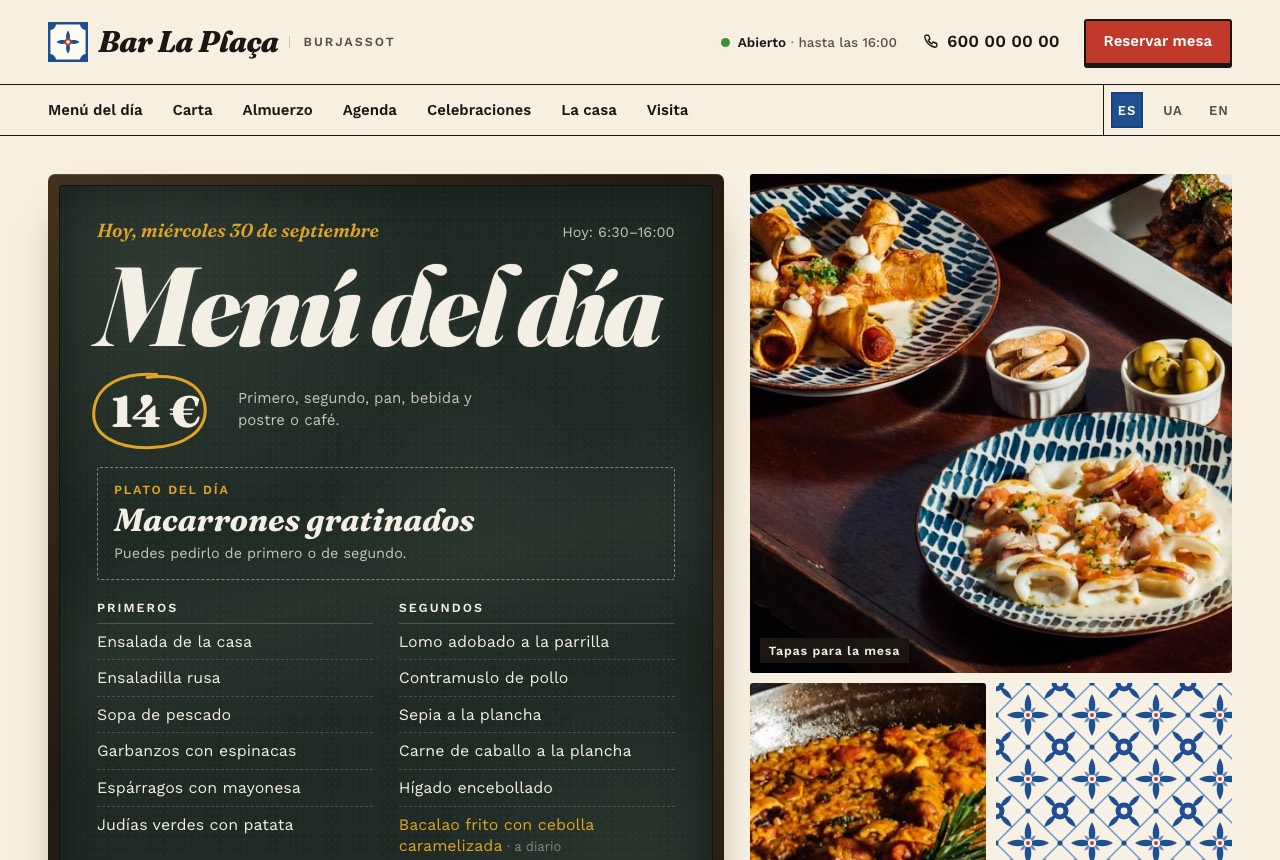 Portada de la web del bar: el menú del día en una pizarra junto a fotos de tapas y paella