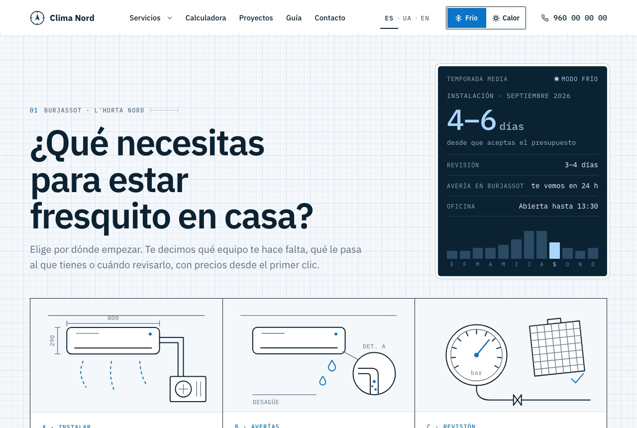Portada de la web de climatización: tres opciones dibujadas como un plano y el panel de la temporada