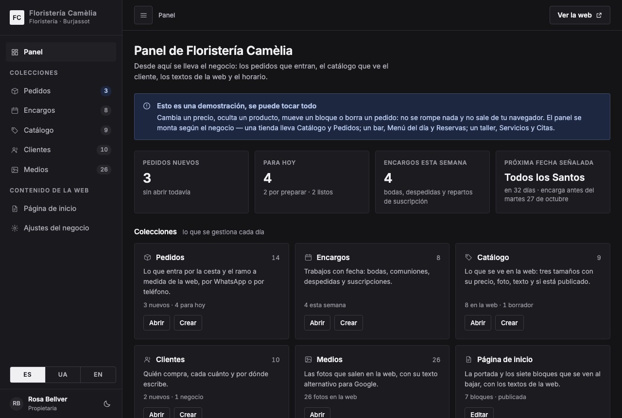 Panel de gestión con los pedidos y el catálogo del negocio