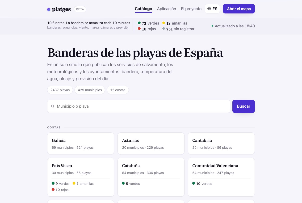 Portada de platges.app con el buscador de playas y las costas de España