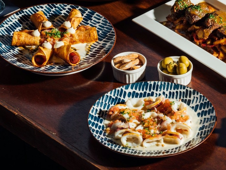 Squid and crispy rolls on blue ceramic plates, with olives and breadsticks alongside