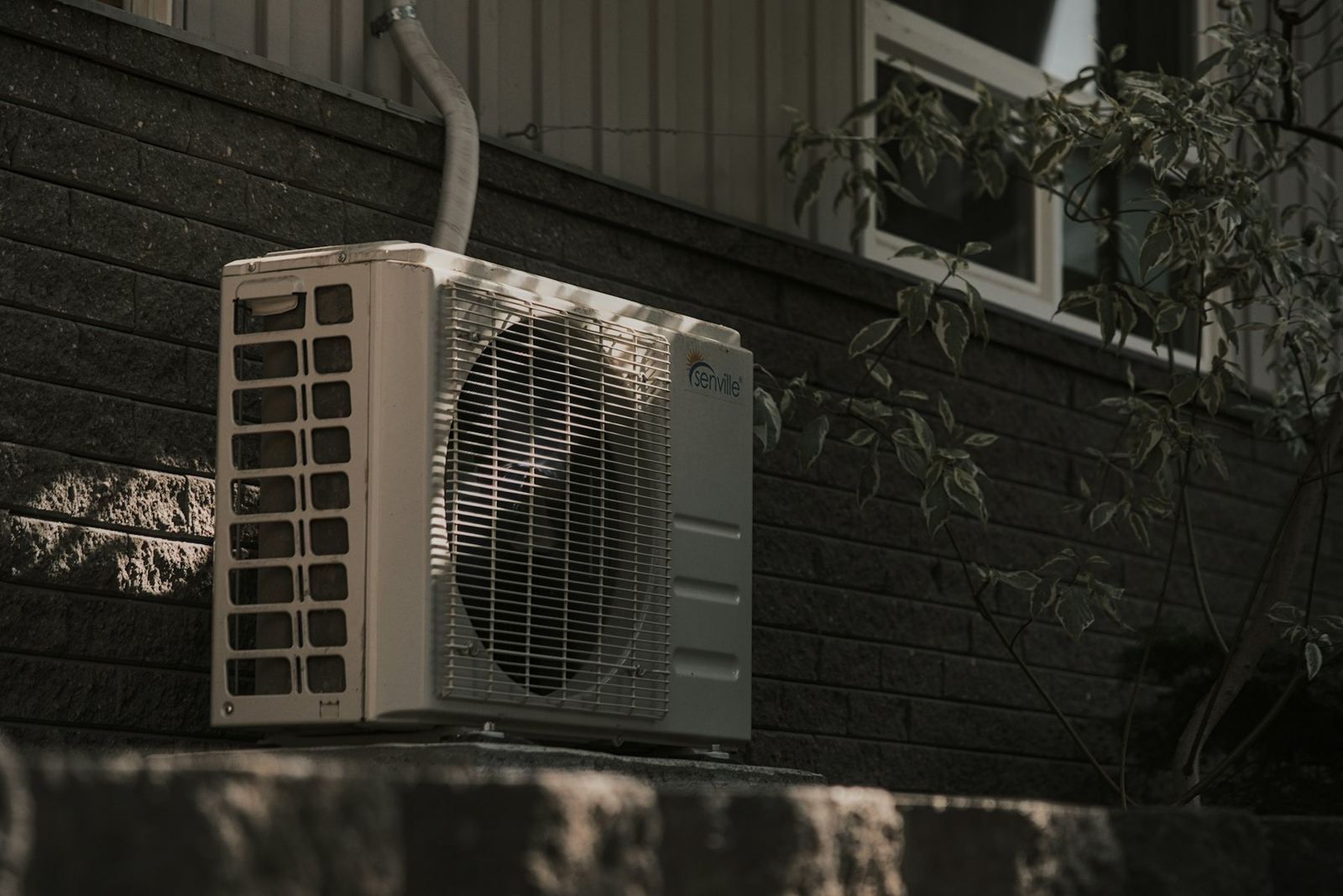 Air con outdoor unit by a dark wall, in the shade of some plants