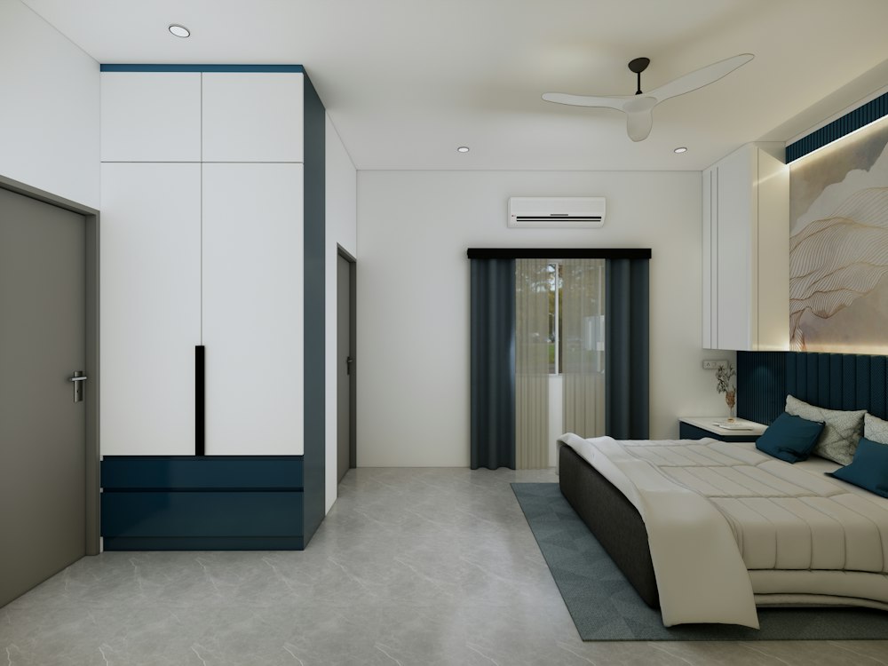 Bedroom with a white split unit on the wall above the balcony door